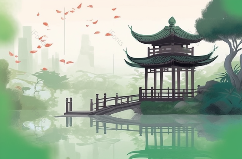 春天中式传统建筑凉亭风景,插画/手绘图,插画/手绘图库,插画/手绘图下载,插画/手绘